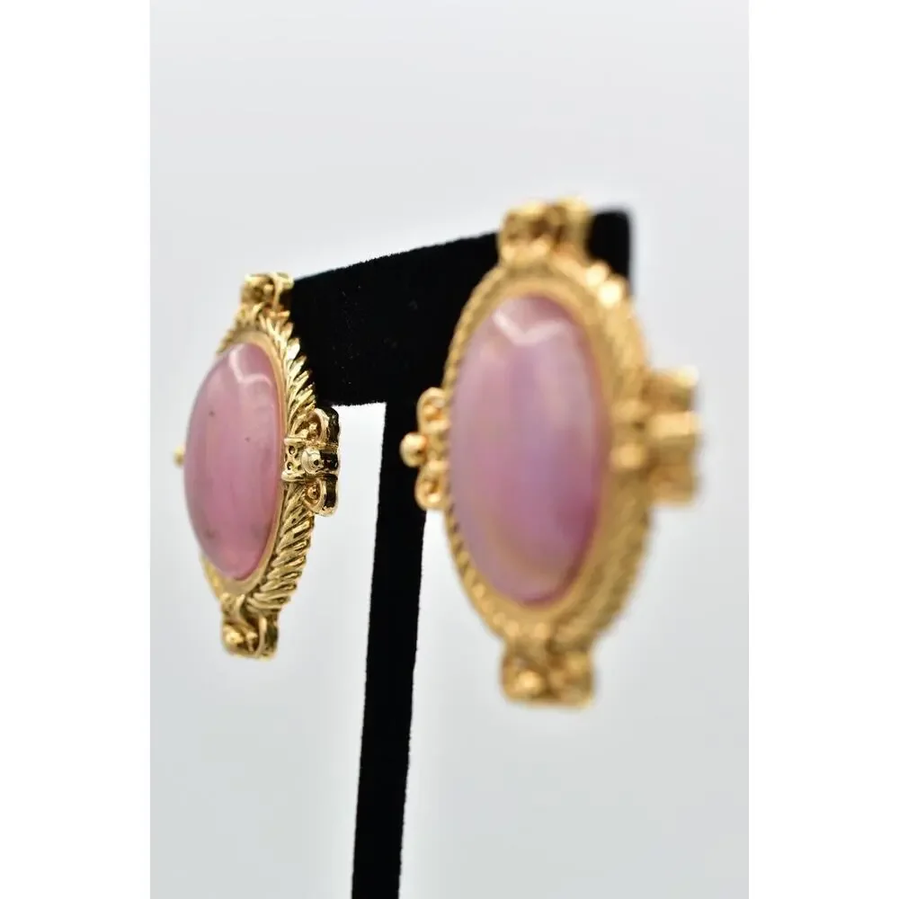 1928 Vintage Cabochon Clip On Earrings Mauve Oval Gold Heavy Chunky 1980s BinBB